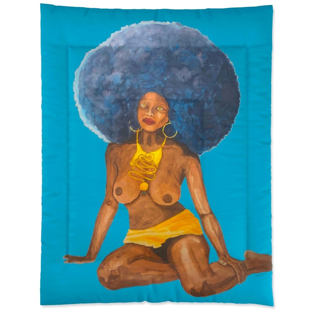 Supernatural Dream Afro Queen Quilted Comforter - Topless 70s Playboy Watercolor